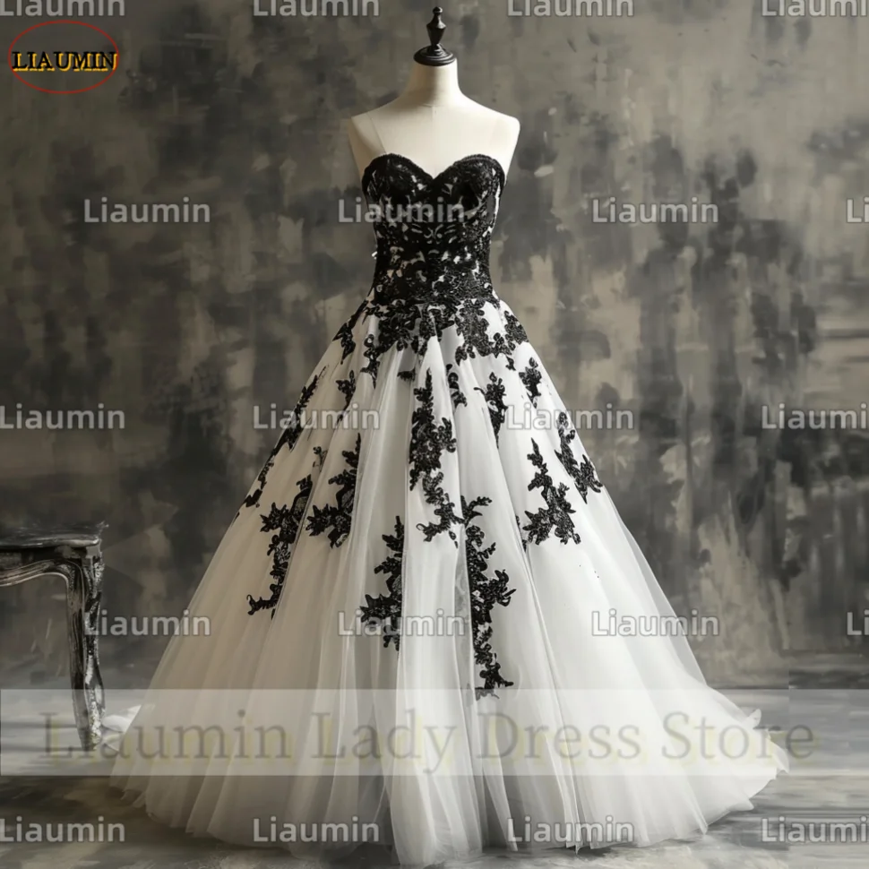 Modern Style Classic White Tulle Black Lace Applique Strapless Prom Formal Wedding Dresses Evening Lace Up Back Custom A4-12.4