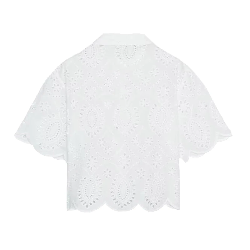 

Faionable Embroidered Hollow out irt Women's Summer New Sle Versatile Loose Fit Polyester Fiber ort Sve Button up