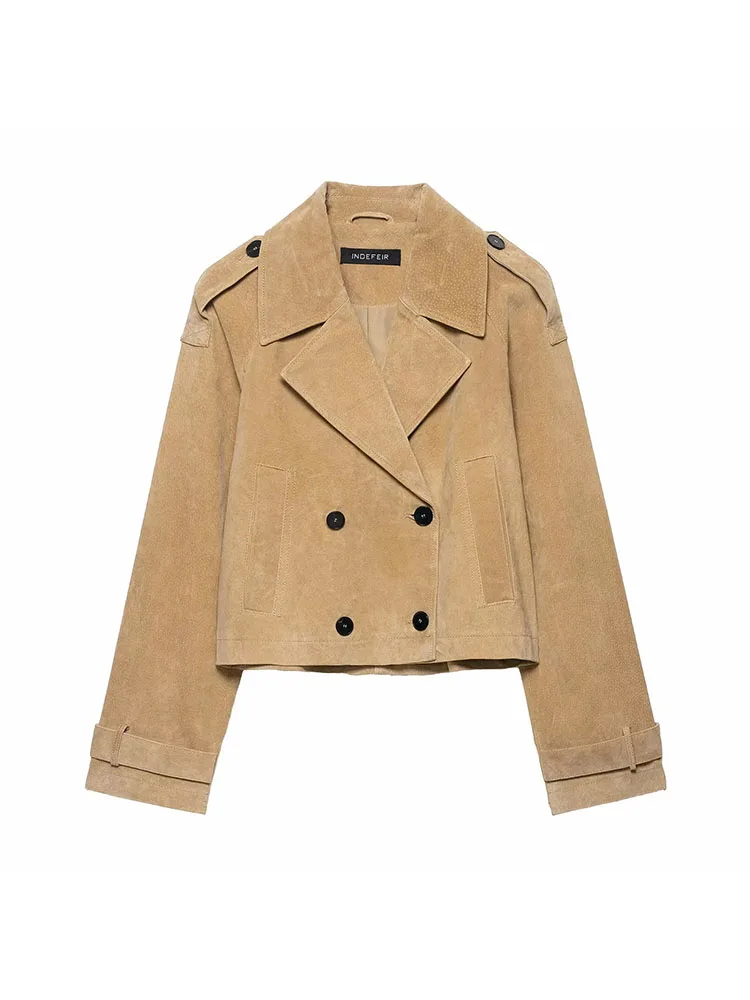 

Женская осень 2023, новая двубортная короткая куртка с украшением, женская повседневная куртка с отложным воротником и длинными рукавами, пальто в уличном стиле