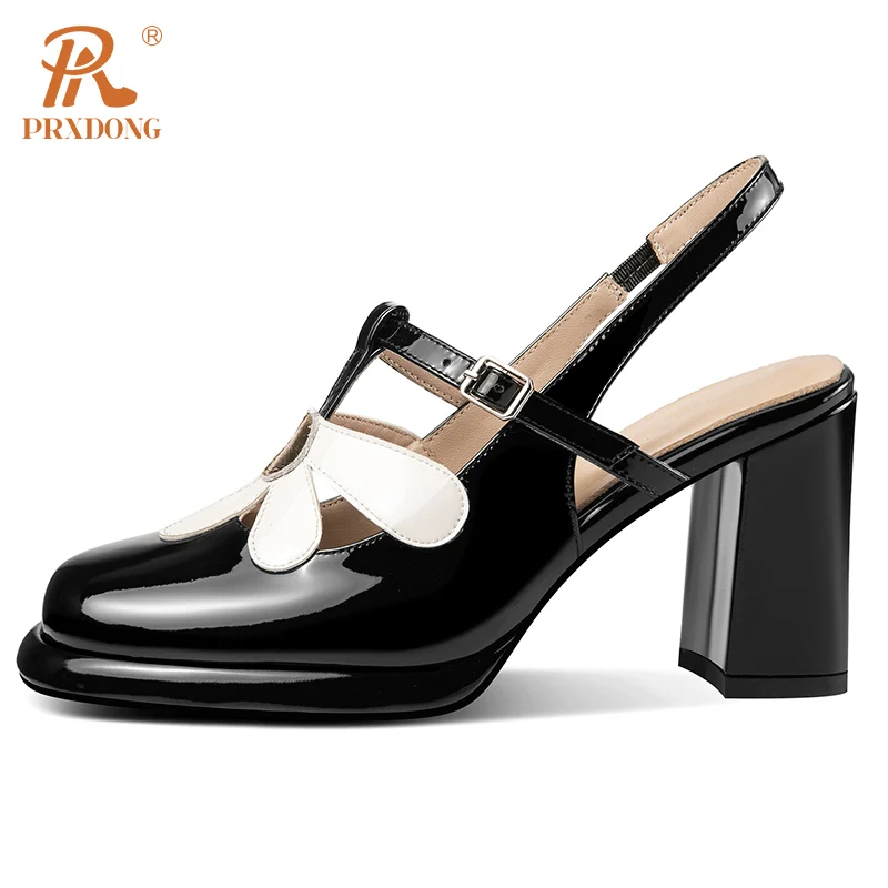 PRXDONG Women's Pumps New Brand Genuine Leather High Heels Round Toe Elegant Mary Janes Shoes Dress Party Office Lady Pumps 39