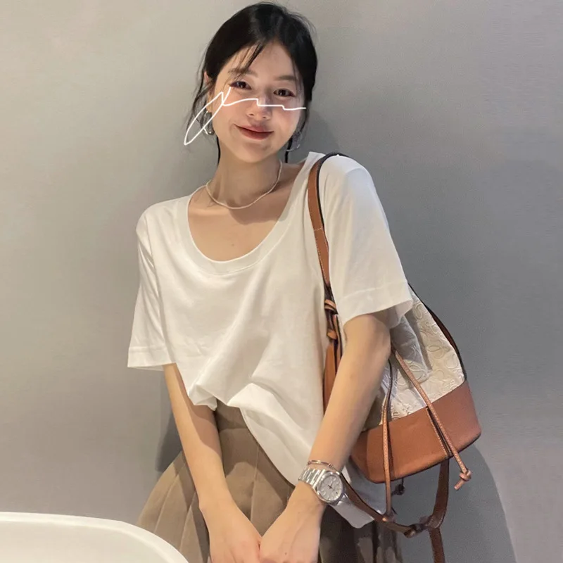 

2024 New Cotton White Simple T-shirt Women's Summer Loose U-neck Regular Large Short Sleeve Top Instagram Trendy
