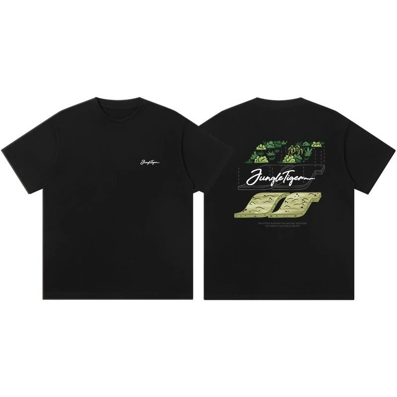 

New creative tiger plant print T-shirt for men and women, a heavyweight pure cotton short-sleeved shirt from a trendy brand