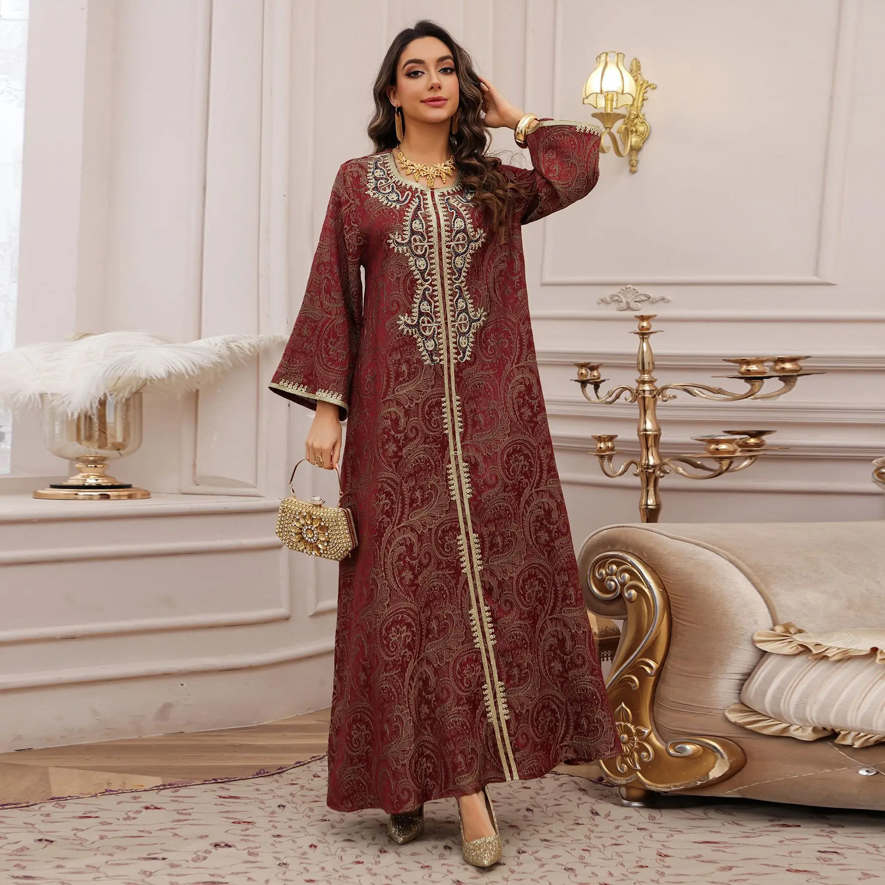 

Middle East Dubai Evening Dress Jacquard Embroidered Dress Beaded Luxury Fashion Kaftan Arab Muslim Long Distance Race