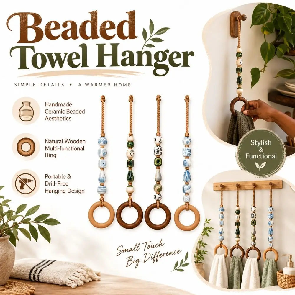 Wooden Ring Beaded Towel Hanger Loop Hanging Strap Colorful Beads Hanging Towel Strap Decorative Style Bathroom Accessories
