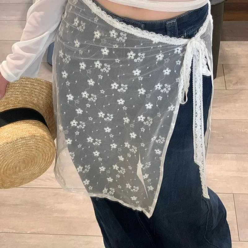 

Lace Layering Skirt Sweet Irregular Hem Wrap Apron Skirt Tie Waist Slim Fit Half Dress for Women