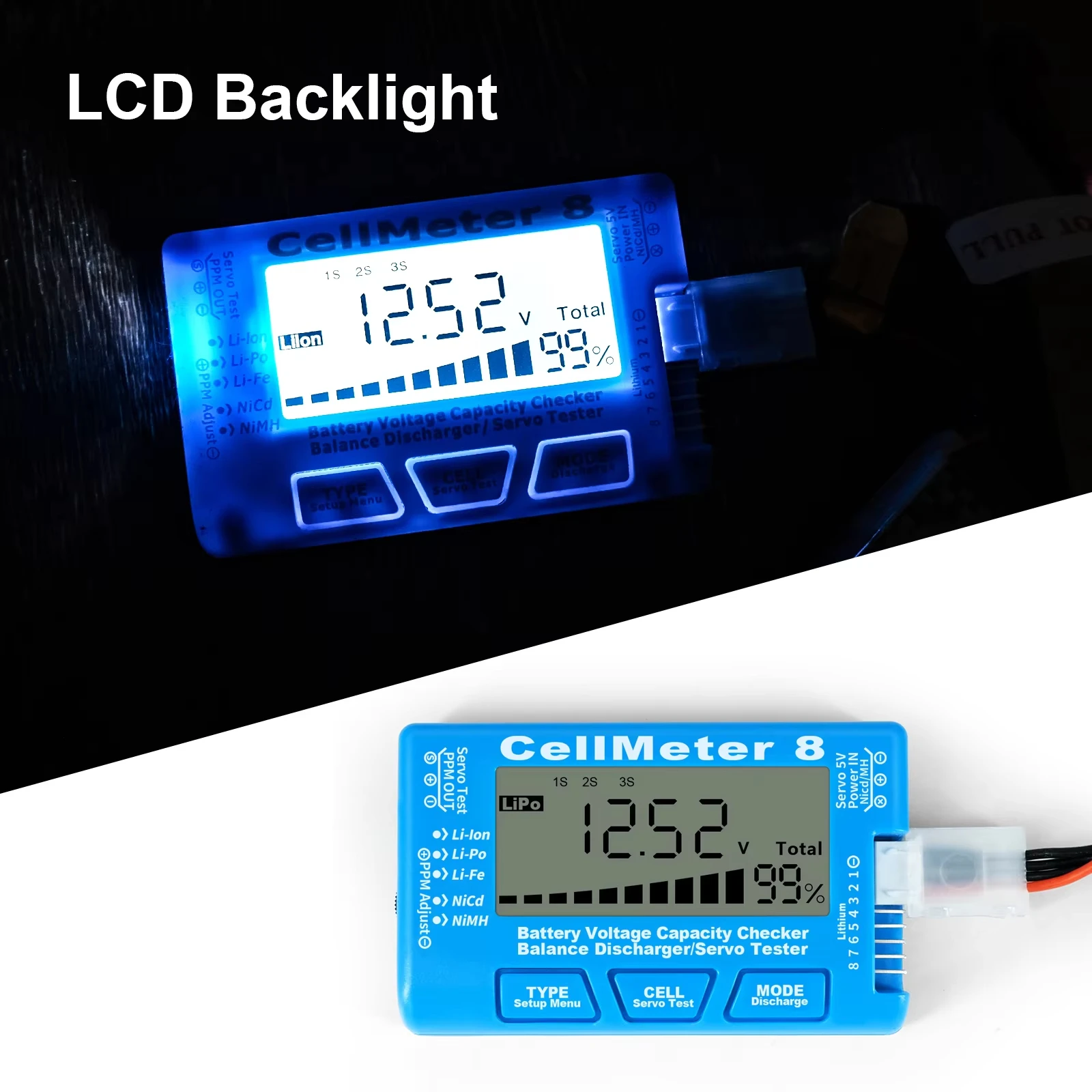 RC CellMeter 8 2-8S 4-8S LiPo Li-lon Battery Tester Battery Capacity Voltage Meter NiMH 8 in 1 Digital Battery Capacity Checker