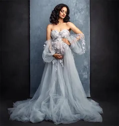 Grey Blue Maternity Dresses for Photoshoot Baby Shower 3D Floral Applique Off the Shoulder Bridal Prom Gown Women Pregnant