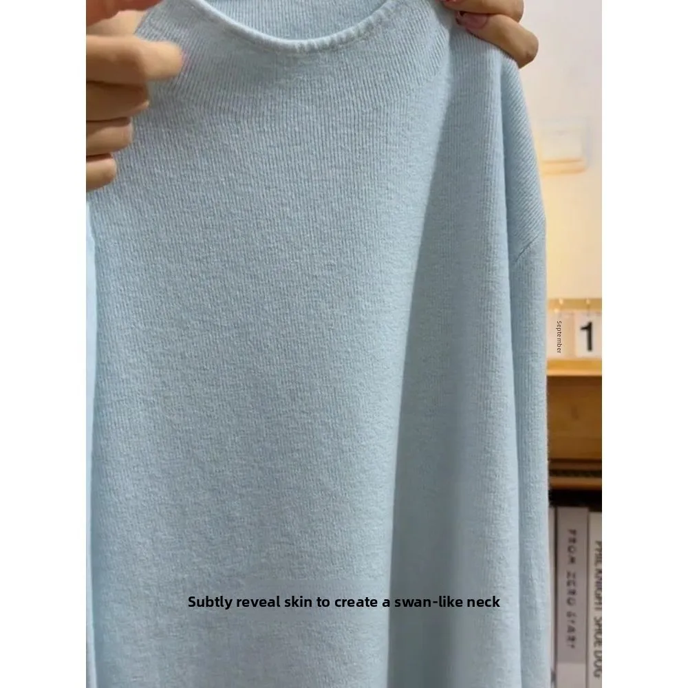 เสื้อสเวตเตอร์ไหมพรมสีฟ้านม ดีไซน์คอสูง สำหรับผู้หญิง ฤดูใบไม้ร่วง ฤดูหนาว 2025 ให้ลุคขาวสะอาดตา