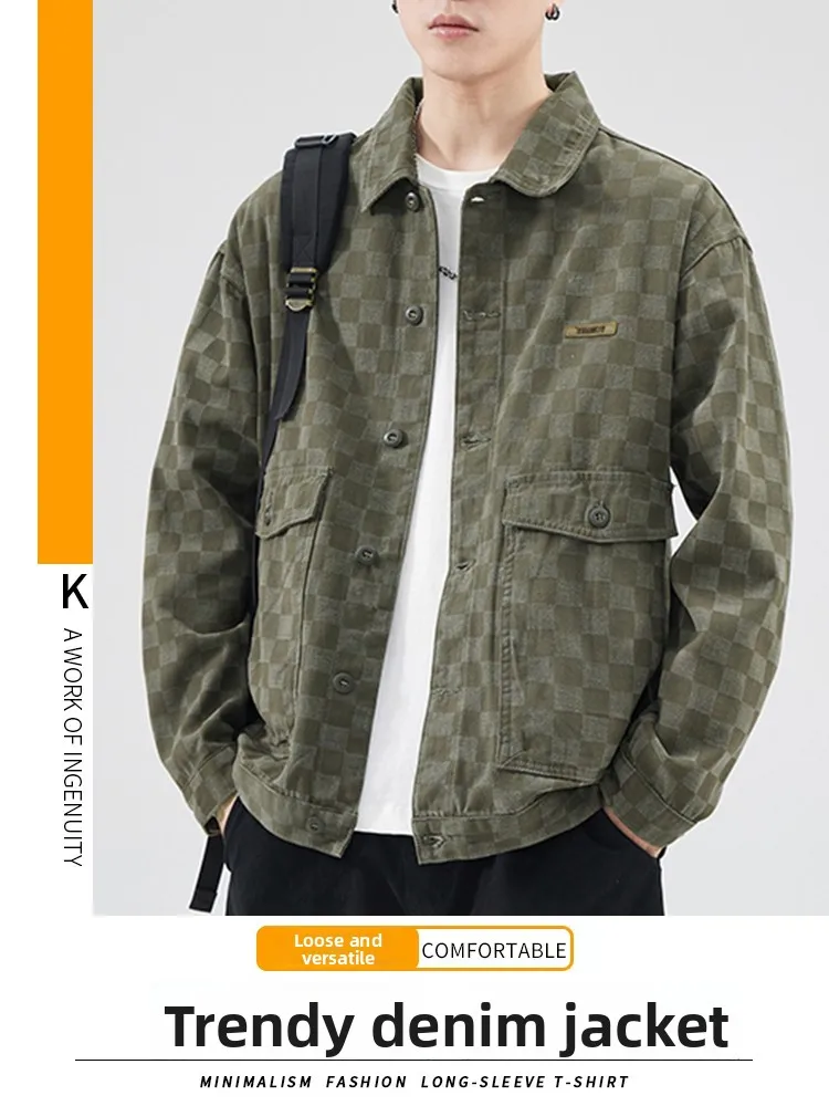 

Men's Casual Loose Cotton Plaid Jaet Autumn Spring Faion Brand Turn-down Collar Chboard Patterned Outerwear Coat