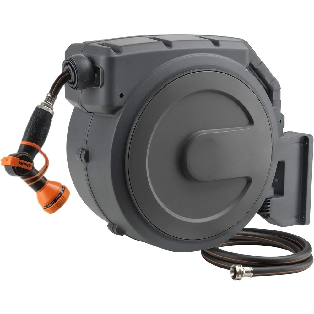 Heavy Retrac Garden Hose Reel 130 ft 1/2 Inch Wall Mount with Swivel Bracket ing System Slow Return