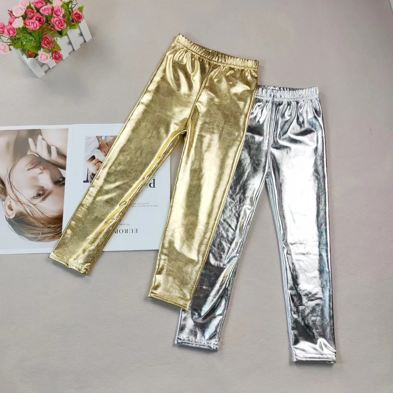 Girls\' Gold leggings Children\'s Yoga Pants Elastic And Shiny Running Dance Tight Pants Suitable For Teenagers\' School Exercise