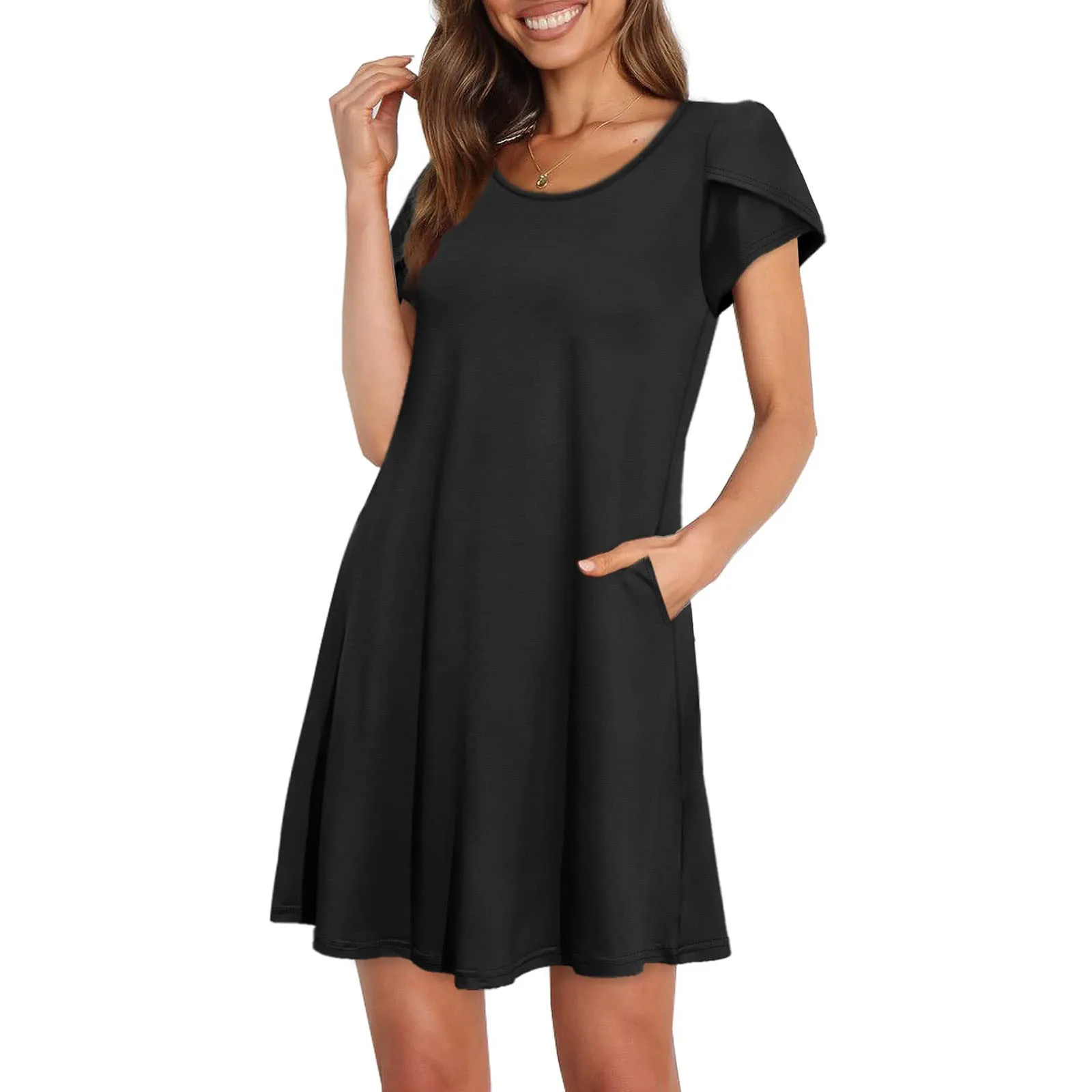 

Women Solid Dress Petal Sleeve T Shirt Dress Summer Casual Dress With Pocket Loose Dress