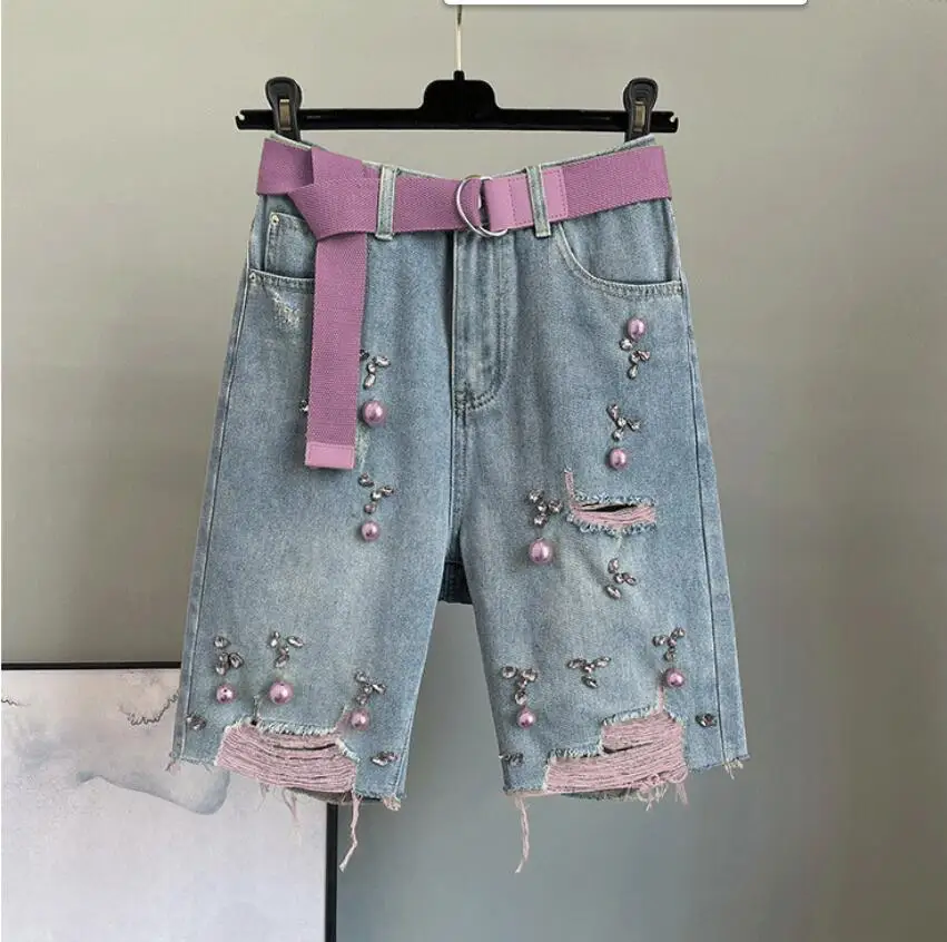 

2023 Summer Denim Shorts Women Beading Fashion Ripped Jeans Shorts Casual Loose High Waist Knee Length Short Pants Female