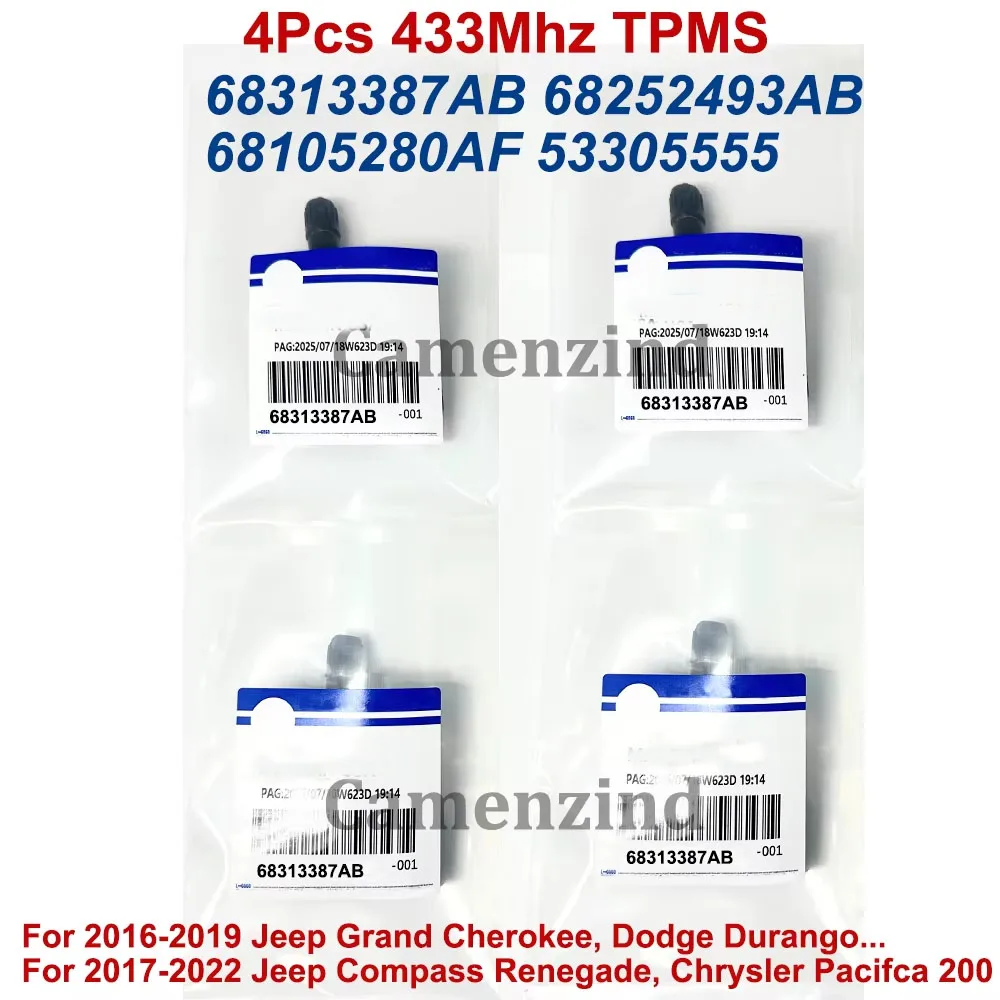 

4Pc 68313387AB 68252493AB 68105280AF 53305555 433Mhz TPMS Tire Pressure Sensor For 13-22 Chrysler Pacifica Jeep Compass Renegade