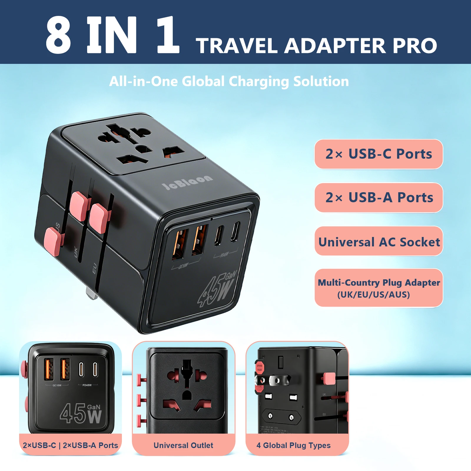 Compact Global Travel Power Adapter 4 Ports PD Fast Charge Travel Essential for International Journey
