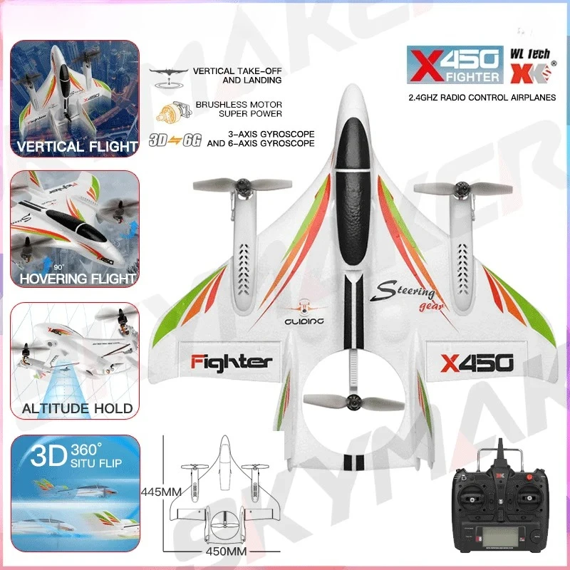 Радиоуправляемый самолет Wltoys XKS X450, 2.4G, с пультом управления, 3D/6G, 6 каналов, с фиксированным крылом, LED, вертикальный взлет, готовый к полету (RTF), для взрослых