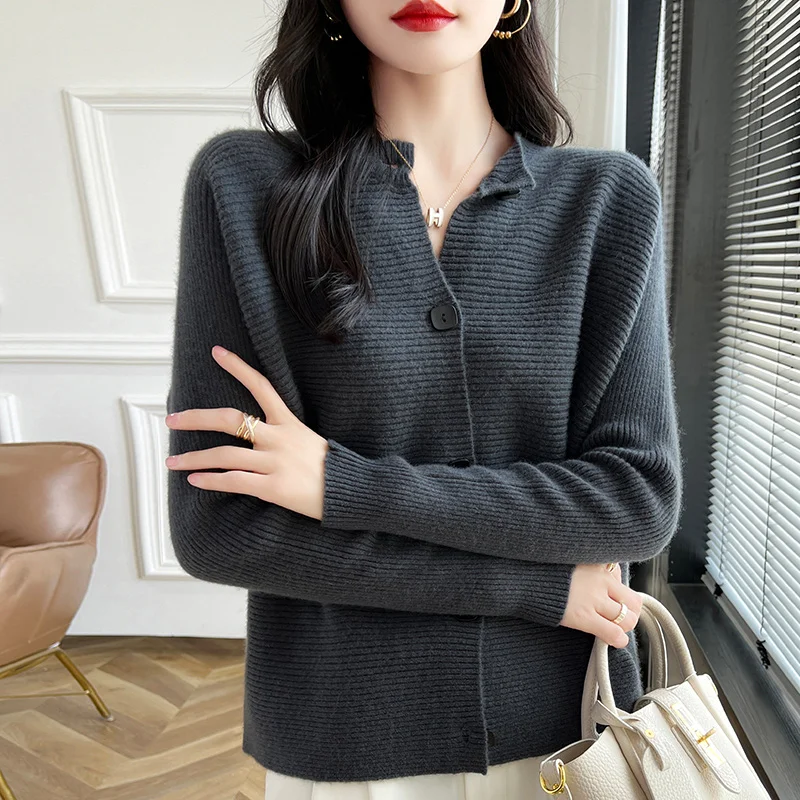 Autumn/Winter New 100% Pure Wool Cardigan Women\'s O-Neck Knitted Bat Sleeve Cardigan Loose Solid Color Cashmere Sweater Coat Top