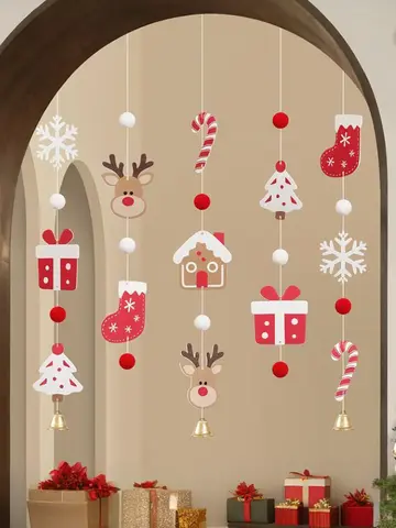 Christmas Background Wall Hanging Fur Ball Cartoon Old Man Deer Tree Socks Gifts Party Decoration Hanging Ornament Set