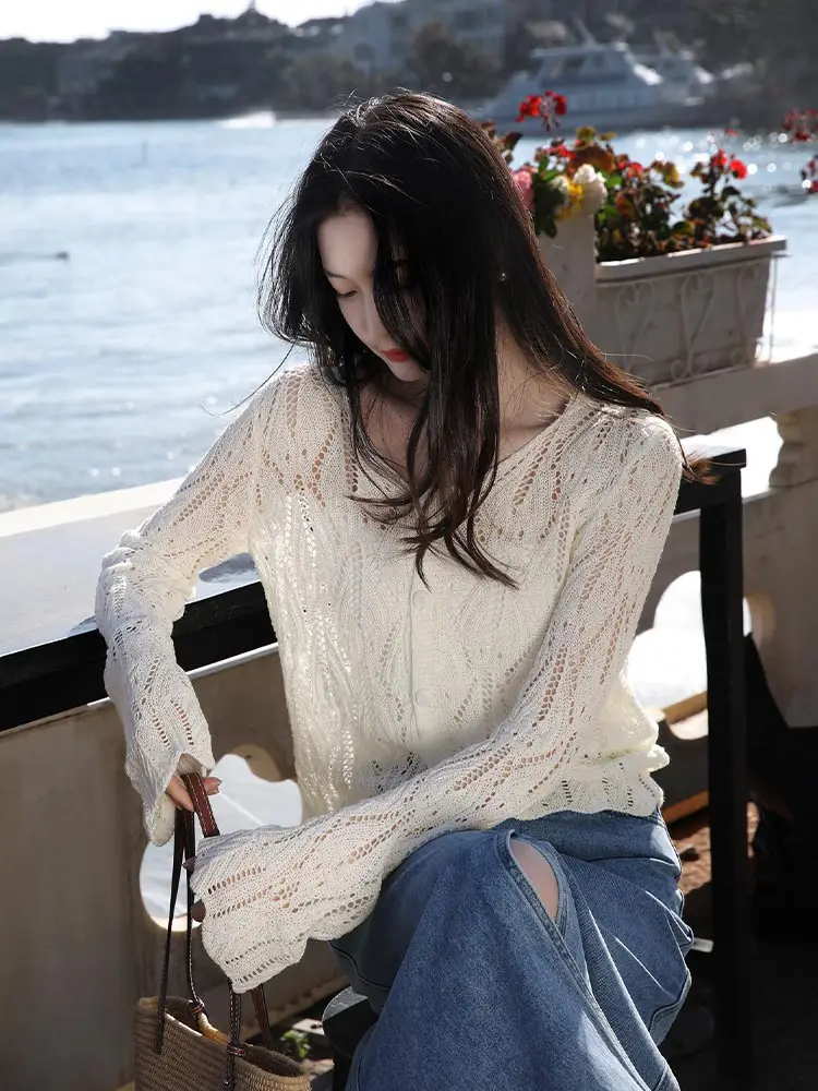 

Korean Sle Hollow out Slim Fit Single Button Sunade Cover up Knitted Open Cardigan Spring 2025 Commute Sle Loose Fit