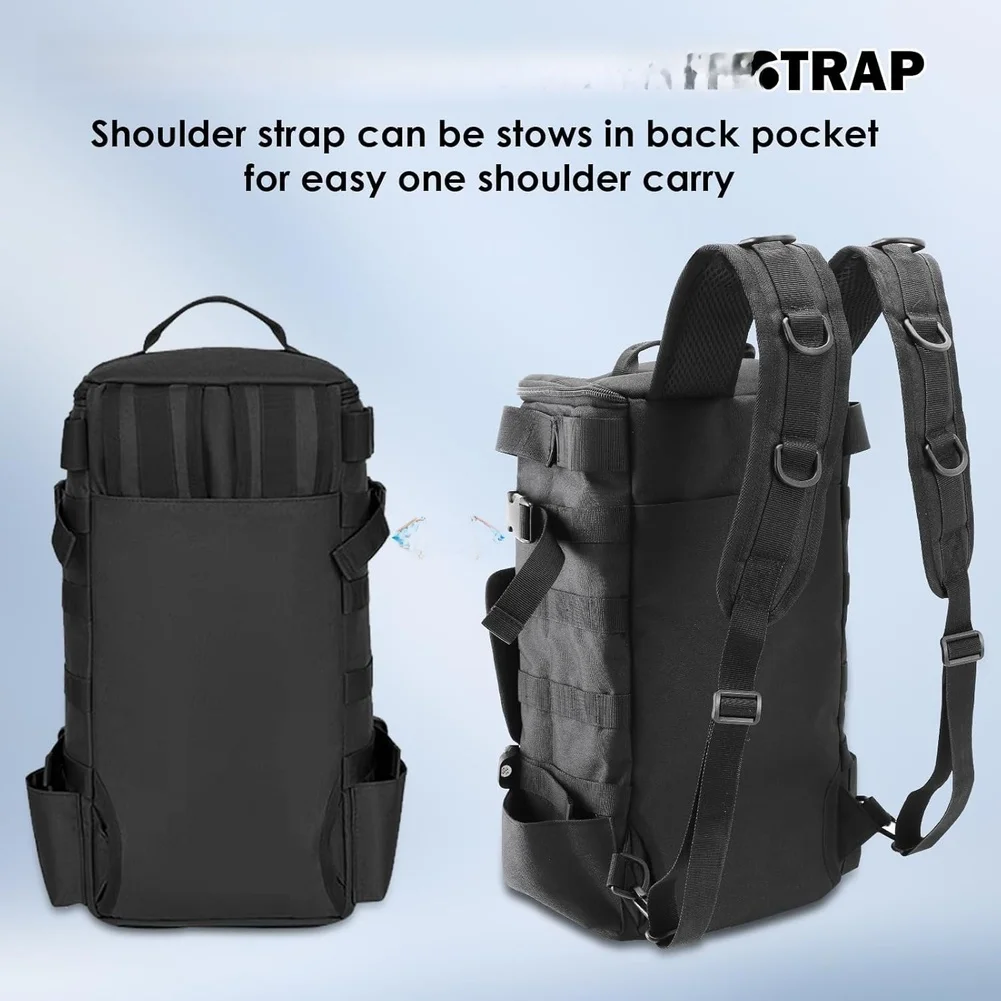 Fishing Backpack Black 22x43x18cm Waterproof Oxford Cloth with Reinforced Zipper Handles and Dedicated Tool Compartments
