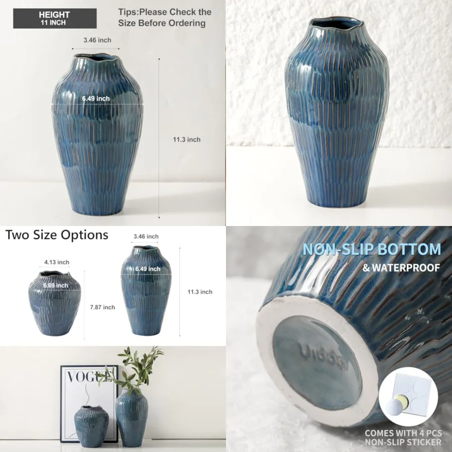 

Blue Ceramic Vase for Home Decor, 11.6 Inch Flower Vase Decorative Vases for Pampas Grass Modern Art Texture Vases for Home Ent