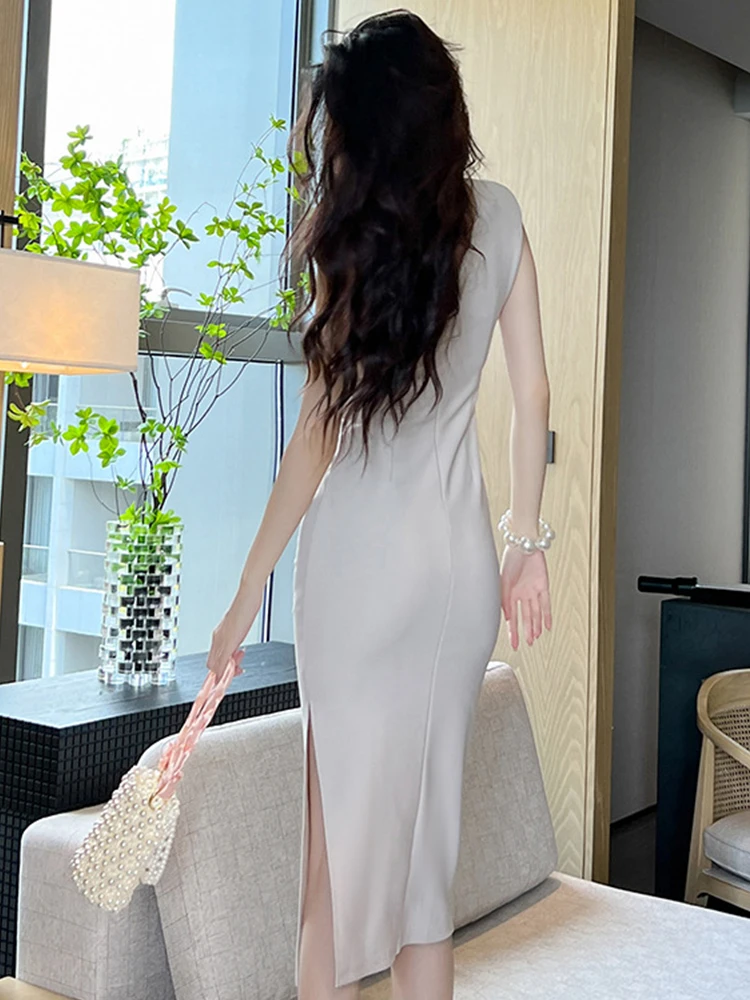 2023 New Red Dresses Sexy Women Clothing Elegant Simple Sleeveless Folds Split Robe Femme Show Vestidos Banquet Host Long Dress