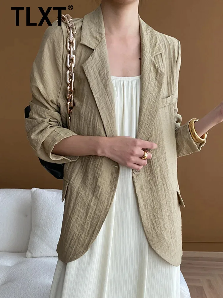 

TLXT элегантный женский однотонный льняной пиджак с лацканами на одной пуговице и длинными рукавами, женское летнее пальто 202, новая одежда XK1268