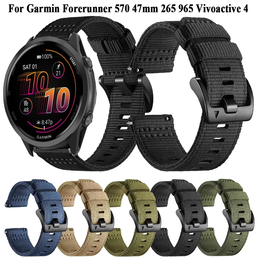 Vivoactive 4、Forerunner 570、47MM、265、255、Music 965、745、Venu 2、3対応 キャンバス製腕時計ストラップ/バンド 22mm