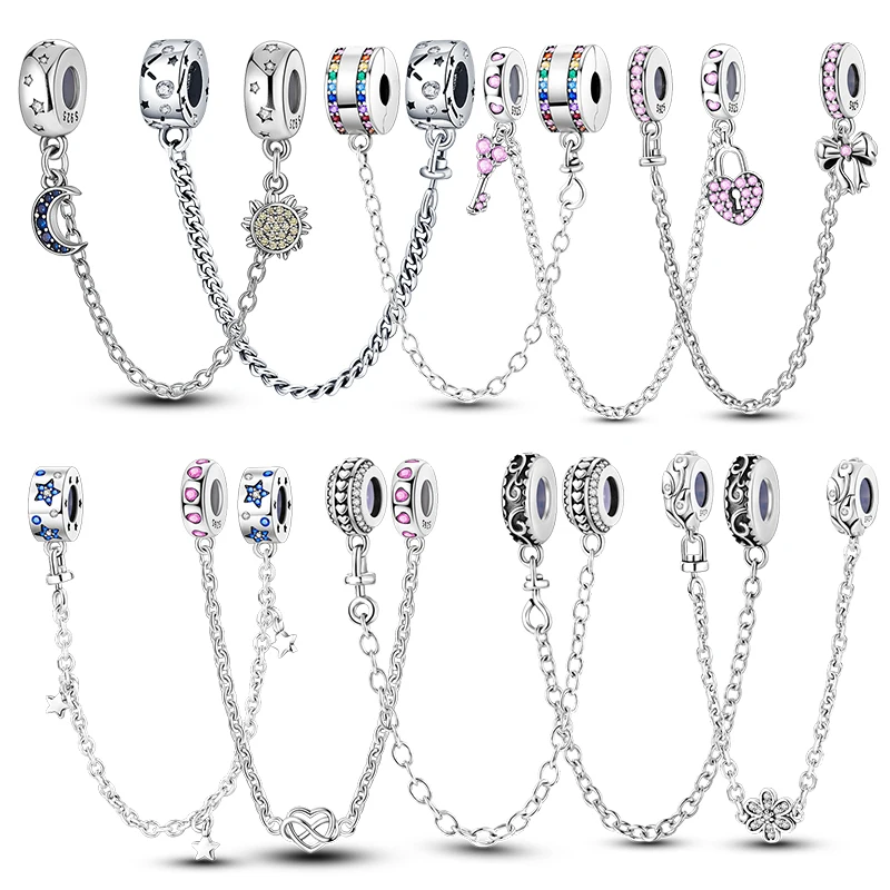 

Hot Sale Charms 925 Silver Star And Moon Safety Chain Charms Beads Fits 3mm Original Bracelet Necklace Womens DIY Jewelry Gifts