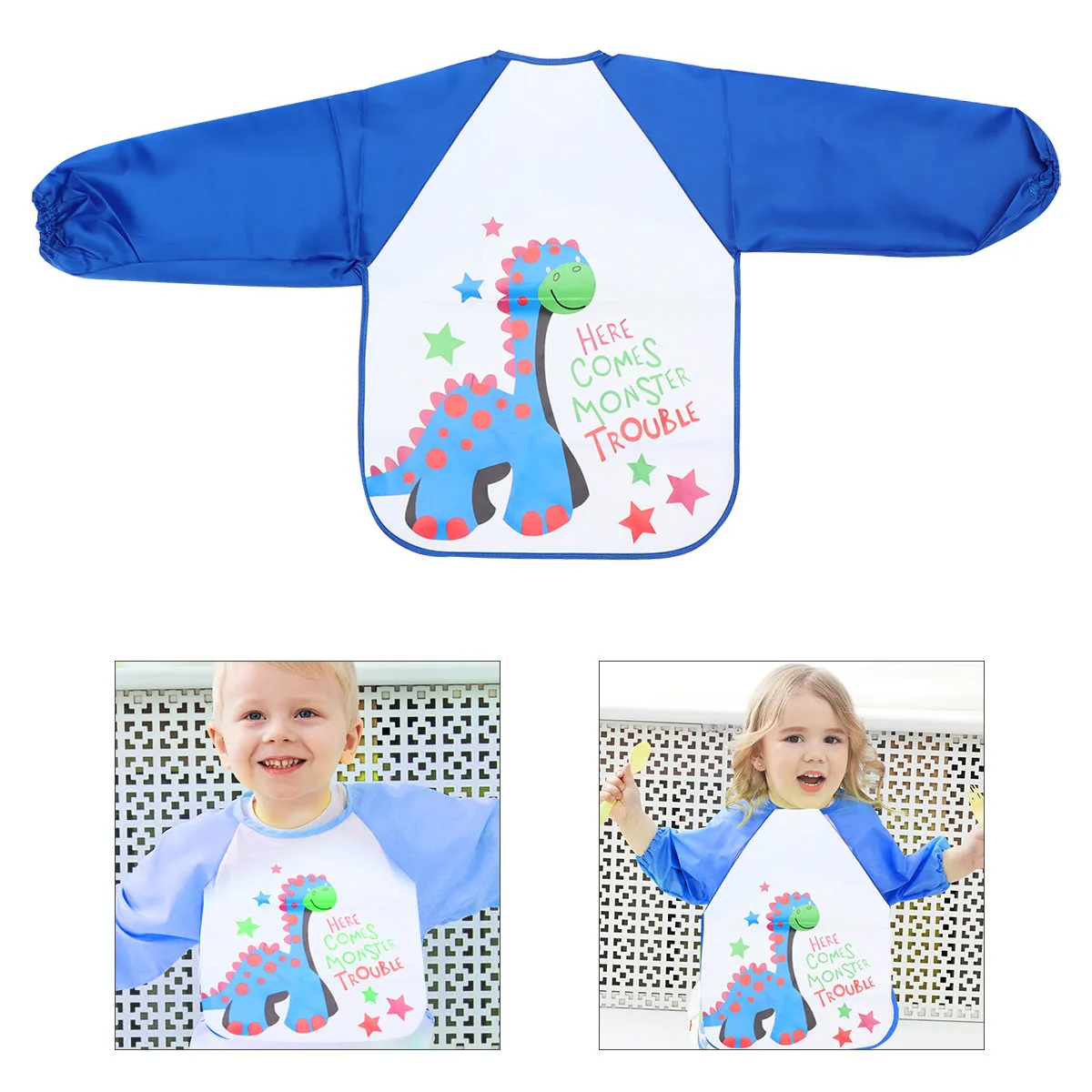 

Colorful Cartoon Printing Long-Sleeve Waterproof Painting Apron Sky-Blue Washable Reusable Smock Protective Clothes