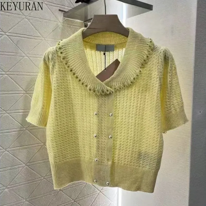 

Весенне-летний вязаный кардиган с короткими рукавами, женская футболка, модный двубортный тонкий свитер с отложным воротником, трикотажные топы
