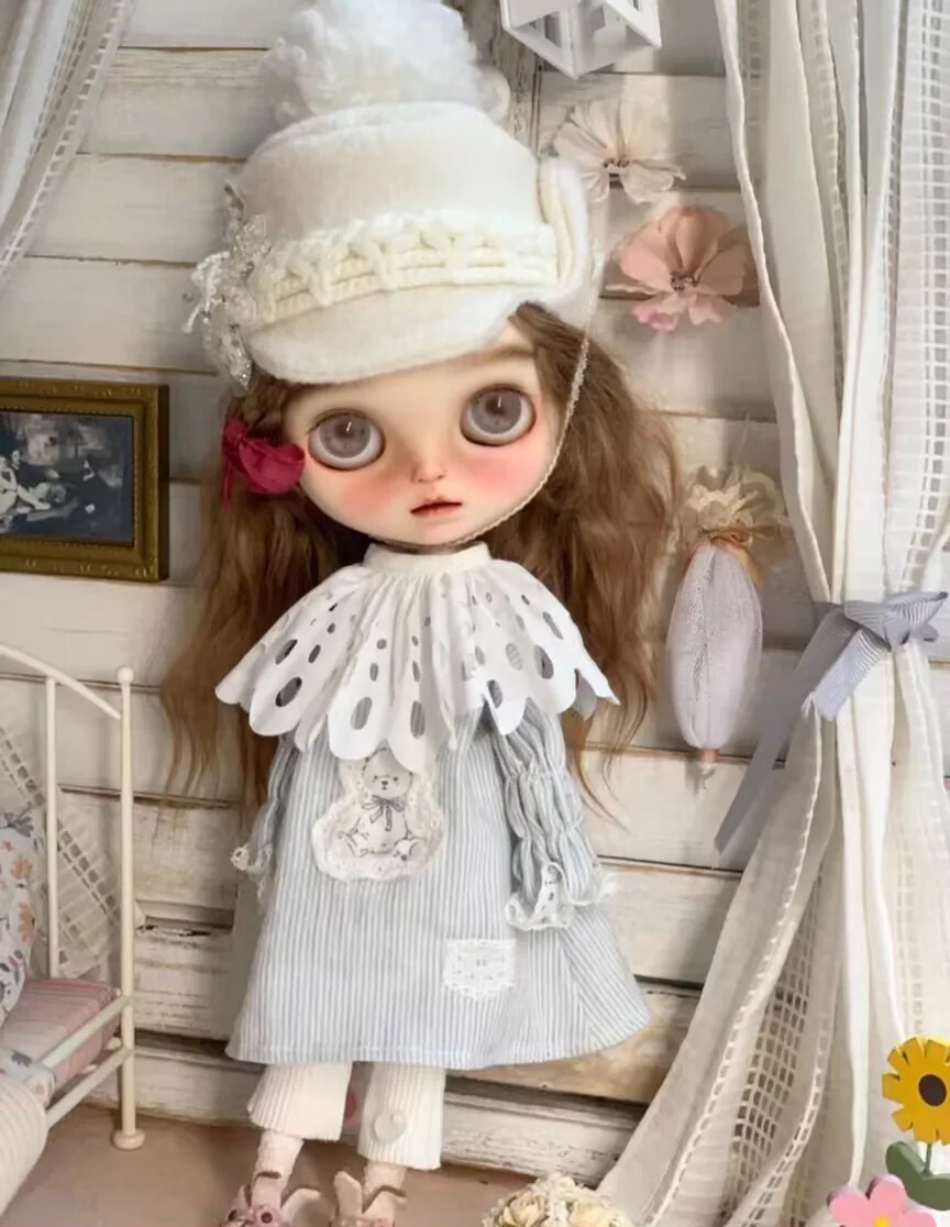 Vintage 4pcs Landoudou/Blythe hat/stripe dress, pants, lace socks 1/6 30cm(Fit for  azone,Pullip,Ob22/24/26, Licca)