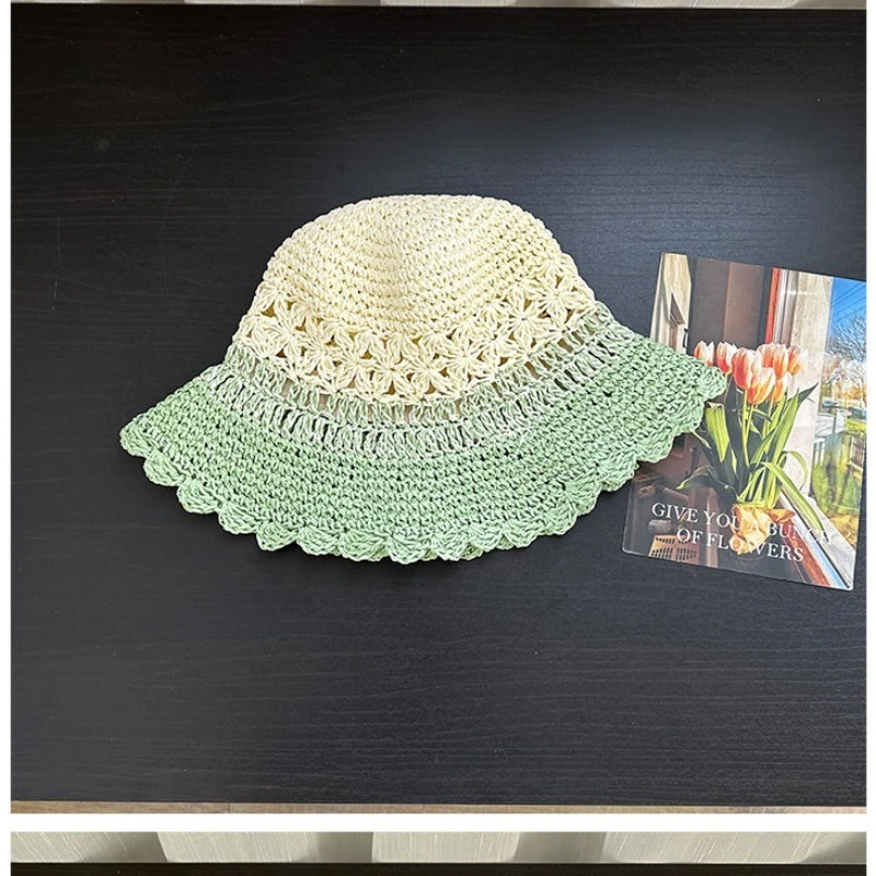 Korean Color-blocked Straw Hollow Breathable Sun Caps for Women Sweet Spring and Summer Vacation Sunshade and Foldable Straw Hat 4