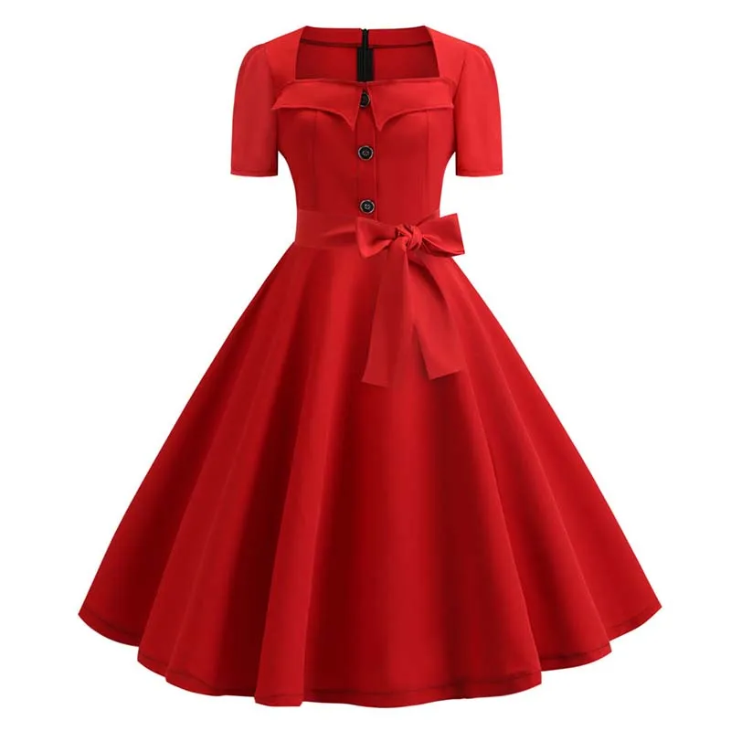 Damska letnia sukienka elegancka retro huśtawka Pinup Casual z krótkim rękawem czerwone sukienki midi na imprezę z paskiem