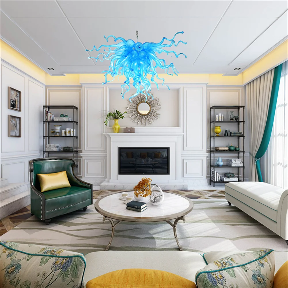 Hand Blown Glass Chandelier Art Nordic Blue Glass LED Pendant Lamps for Living Room