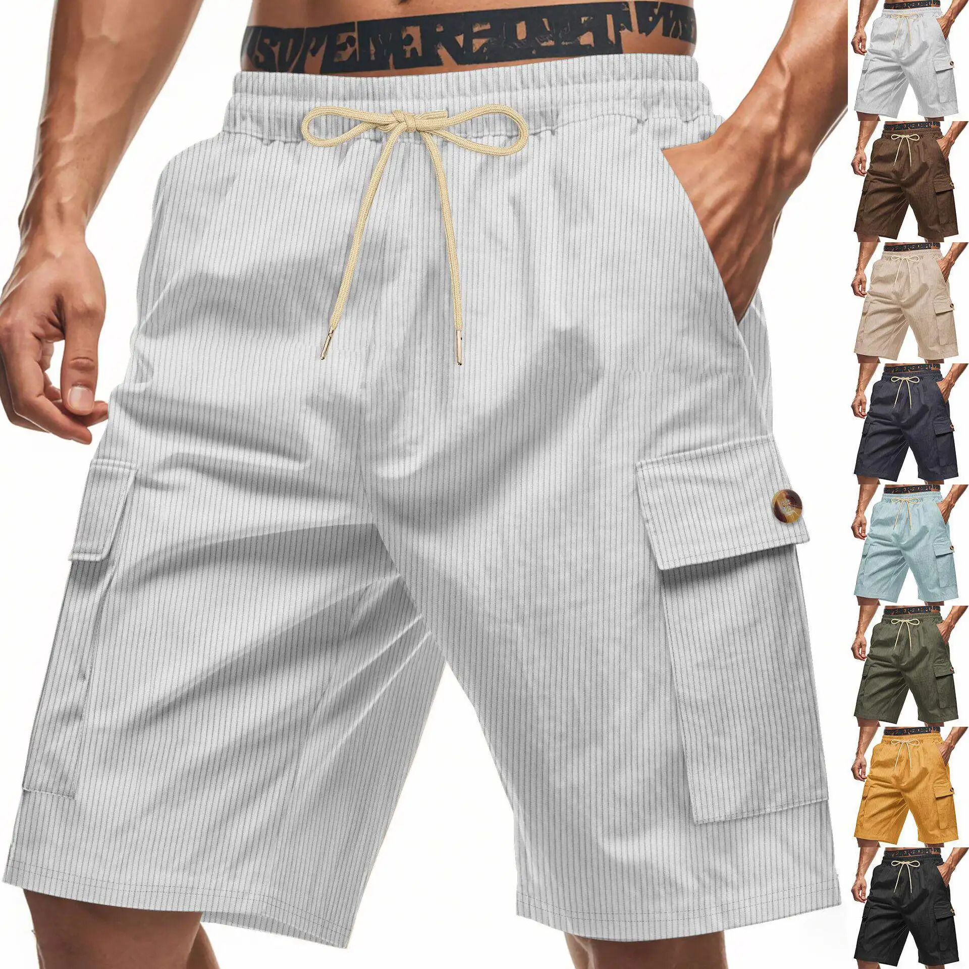 

Loose Fit Corduroy Shorts Men's Summer mid Elasticity Five-Quarter Length Workwear Style with Multiple Pockets Casual Shorts