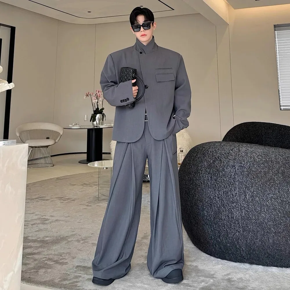 

2025 Fashion Suits Men Casual Suit Single Breasted Blazer Jacket Pleated Wide Leg Pants 2 Pieces Suits Korean Style Customized