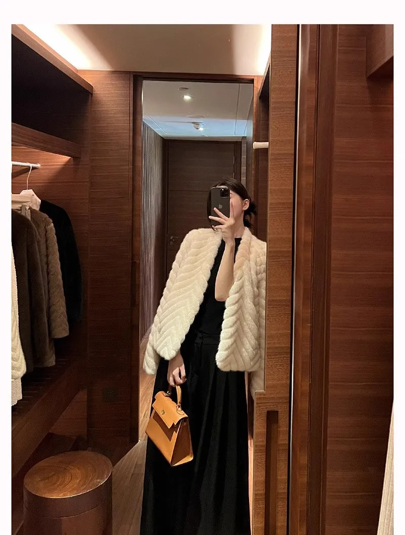 Elegant V Neck Herringbone Short Faux Mink Fur Jacket Women Long Sleeve Plush Jackets Woman Autumn Winter Fluffy Warm Outerwear