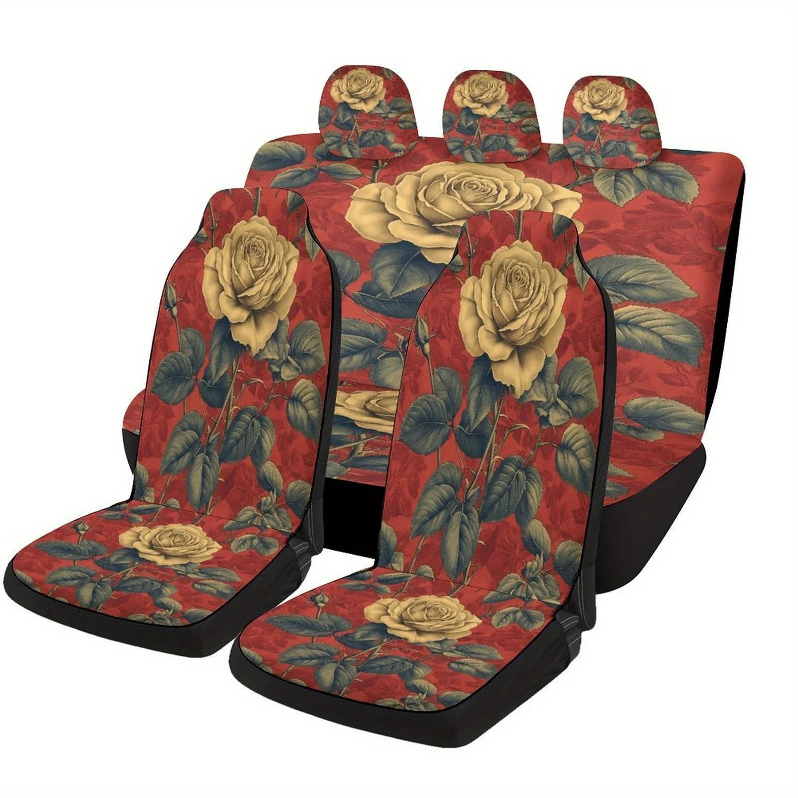 Car Seat Cover Set Featuring A Rose Blossom Design, Suitable For A Variety Of Vehicles. This Stylish And Unique Set Includes Ful