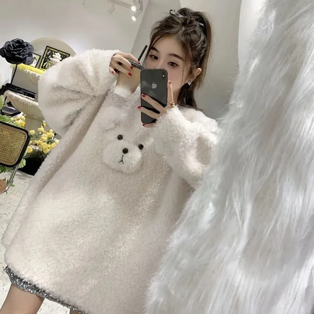 Cute Little Bear Lamb Wool Sweatshirts For Women Kawaii Pullover Sweetheart Women Autumn Winter Loose O-Neck Tops Female + Bag