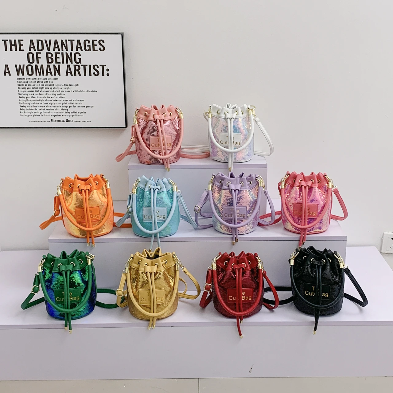 10 Colors Pu Leather Bucket Shoulder Crossbody Bags For Women Designer Shiny Sequined Handbag And Purse 2023 New Messenger Bags