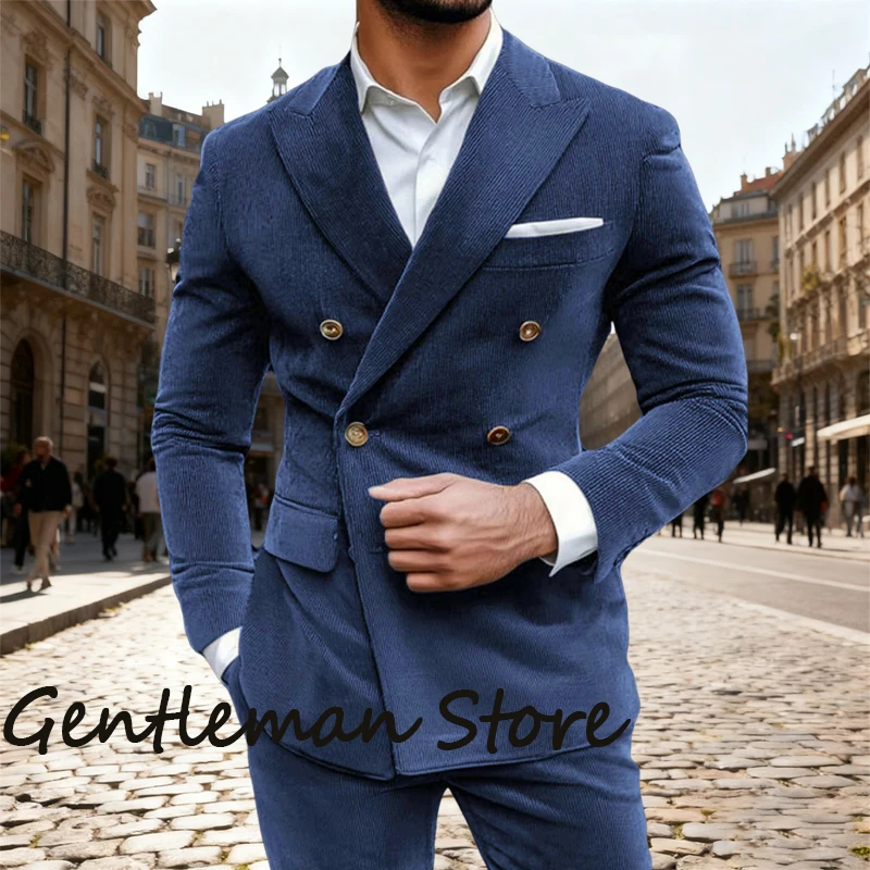 Fall 2-piece  Men's Suit Set Corduroy Double Breasted Suit Business Casual Tailored For Party Weddings Groom's Suit Jacket Pants
