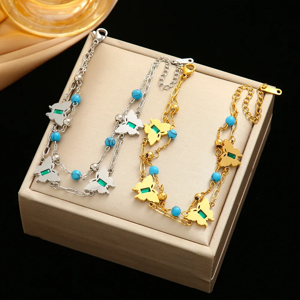 Синий бирюзовый аксессуар-бабочка, браслет в пляжном стиле, двухслойная цепочка из нержавеющей стали с европейской и американской модой