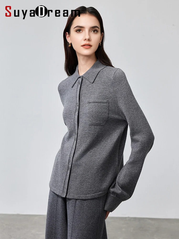 SuyaDream, Women Cardigans, 100%Merino Wool, Turn Down Collar, Chic Sweaters, 2025 Fall Winter Knitted Blouses