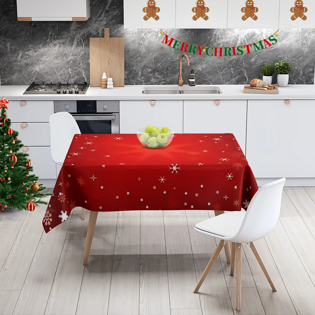 Xmas Red Snowflake Tablecloth, Gradient Red White Snow Pattern Waterproof Table Cover for Christmas Dinner Gathering Decor