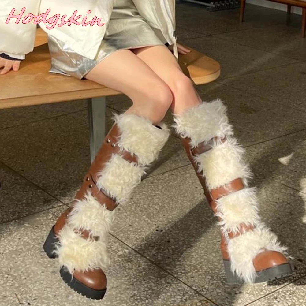 Leather One Word Belt Women Boots Round Toe Thick Sole Fur Winter Knee High Boots 2024 Winter Hot Sale Fashion Boots