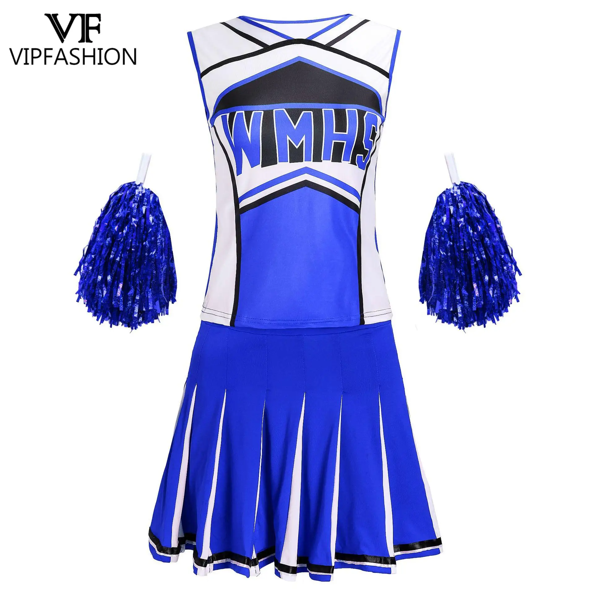 VIP FASHION المرأة WMHS طباعة التشجيع زي مجموعة بلا أكمام أعلى مطوي تنورة أحمر أبيض أداء الحفلات تأثيري الزي #6