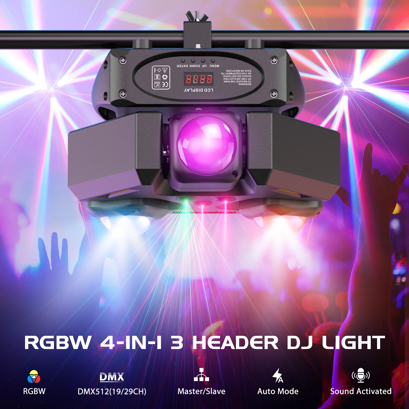 Fieryzeal 120W Moving Head Stage Light 19/29CH 3 Header DJ Light 9x10W RGBW 4IN1 LED Party Effect Lighting DMX Moving Head Light