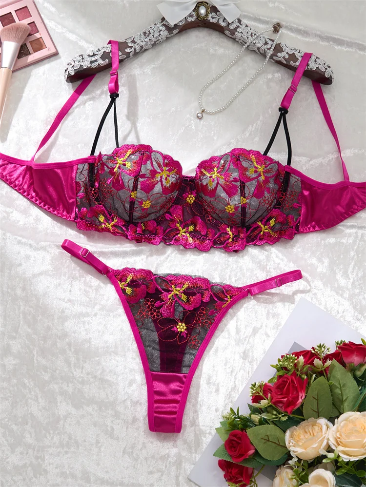 Sexy Lingerie Floral Embroidery Mesh Underwear Romantic Rose Red Lingerie Set Women Push Up Bra See Through Intimate Erotic Sets