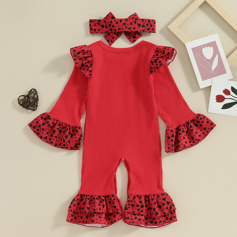 

Txlixc Baby Girls Valentine s Day Jumpsuit Red Long Sleeve Crew Neck Heart Print Ruffle Romper with Headband